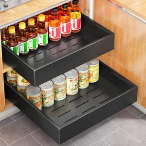 Pull out Cabinet Organizer, 21"Deep, 16.9"Wide Heavy Duty Full-Extension Slide out Drawers with Nano Adhesive, Roll Out Shelves Sliding Cabinet for Kitchen, Bathroom, Pantry,under sink Storage(Black)