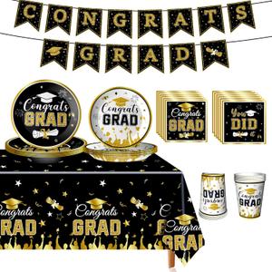 2025 Graduation Party Decorations, Black and Gold Decorations Party Supplies with Paper Plates, Napkins, Tablecloth, Cups, Banner for Grad Favors Supplies, Grad Tableware Kit Serves 24