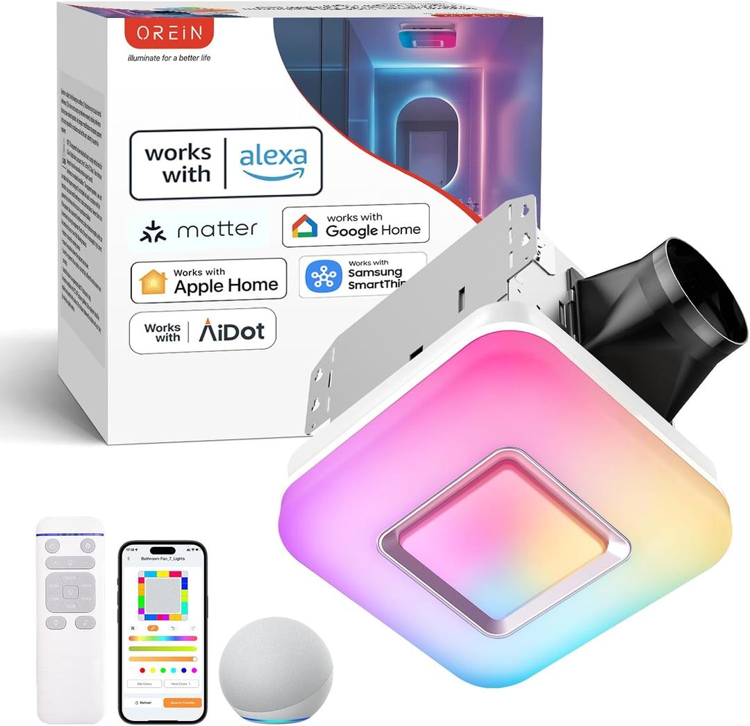 OREiN Matter Smart Bathroom Exhaust Fan with Light (No Speaker), 110 CFM Quiet Bathroom Vent Fan, 2700K–6500K, DIY RGB Lighting, Voice/App/Remote Control, Works with Alexa, Google & Apple Home