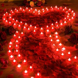 Coume 6000 Pcs Artificial Rose Petals with 120 Pcs Heart LED Tea Lights Candles Kit Rose Petals Candles Set for Romantic Night Anniversary Proposal Wedding Date Hotel(Red Light)