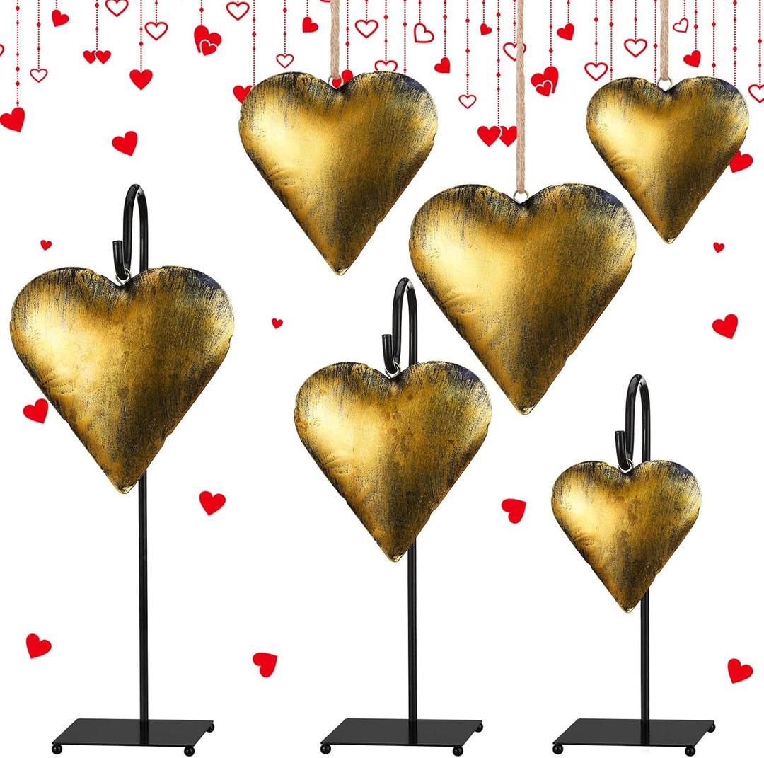 2pcs Pcs Valentines Vintage Rustic Cow Bell Stands Valentines Giant Metal Heart Bell with Stand Farmhouse Rustic Decor for Wall Couples Exchange Gift