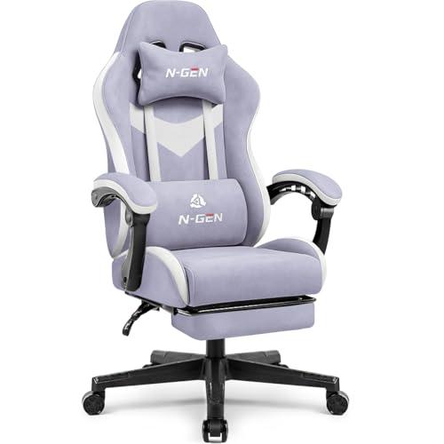 N-GEN GAMING Video Gaming Chair with Footrest Lumbar Support for Home Office High Back Recliner Height Adjustable Ergonomic Comfy Fabric Computer Desk Chair (Purple)