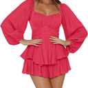LYANER Women's Jumpsuit Lantern Long Sleeve Ruffle Layer Tie Mini Short Romper XL