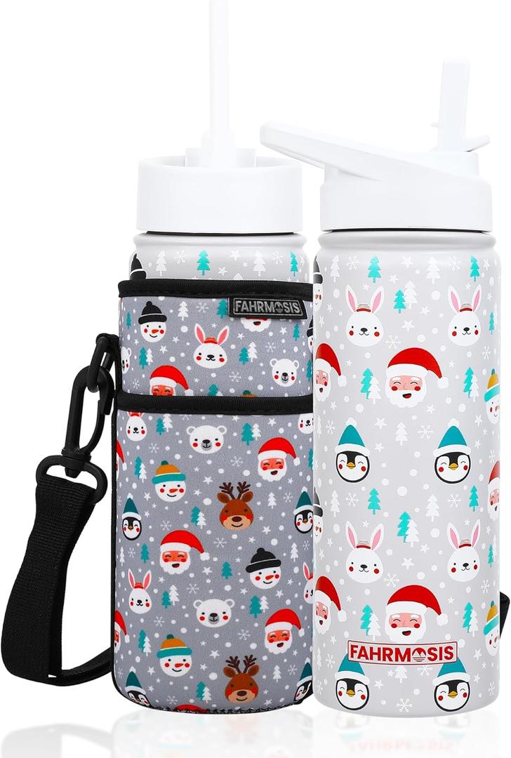 FAHRMOSIS 18 OZ Kids Water Bottle with Carrier Bag & Strap Leak Proof Metal Insulated Stainless Steel Tumbler with 2 Lids (Flip & Spout) for School & Sports Water Bottle with Straw - White (Winter)