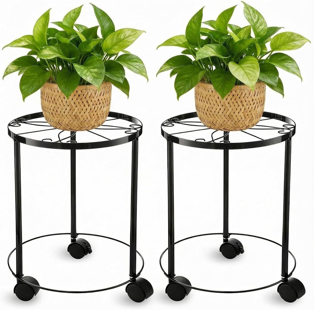 Otoolling 2 Pack Metal Plant Stand with Wheels for Indoor Outdoor Plants Rolling Plant Stands Flower Pot Stand on Wheels Heavy Duty Plants Pot Risers Decoration for Planter Supports Home(1 Sizes)