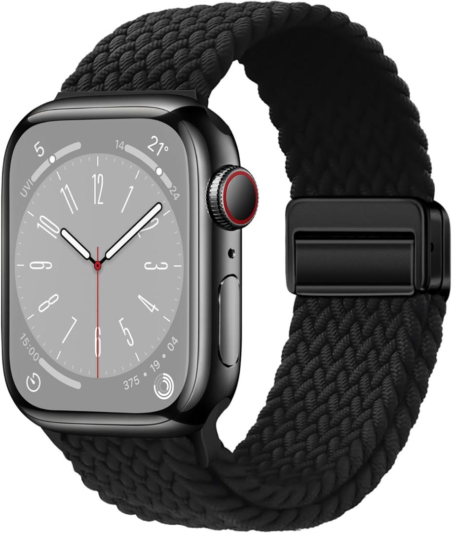 Qimela Sport Solo Loop Compatible with Apple Watch Band 38mm 40mm 41mm 42mm 44mm 45mm 46mm 49mm for Women Men,Magnetic Strap Stretchy Braided Wristband for iWatch Series 10 9 8 7 6 5 4 3 Ultra 2 1 SE (Black)