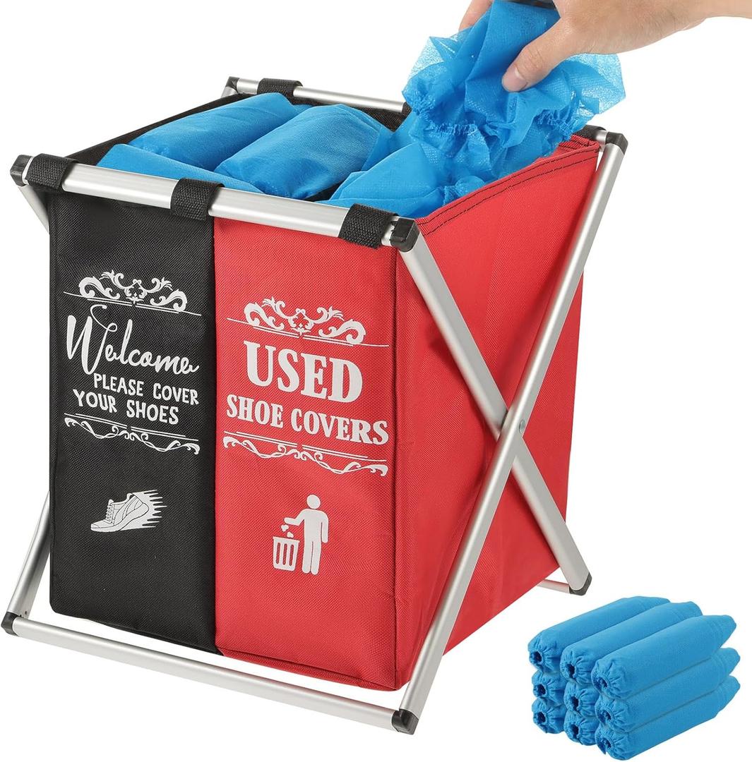 Foldable Shoe Cover Box Dispenser with 100PCS Shoe Covers, Shoe Covers Box with Double Compartment Fabric Storage Bin Holder for Indoors Open House Supplies, House Indoor Guest Supplies