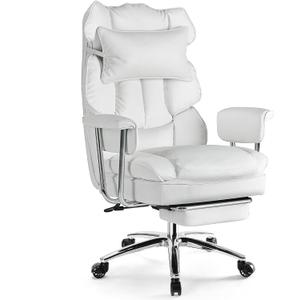 Sweetcrispy Executive Home Office Desk Chair - Ergonomic Big Tall High Back with Footrest & Lumbar Support, Reclining Height Adjustable, Comfy PU Leather Computer Gaming with Swivel Wheels, White