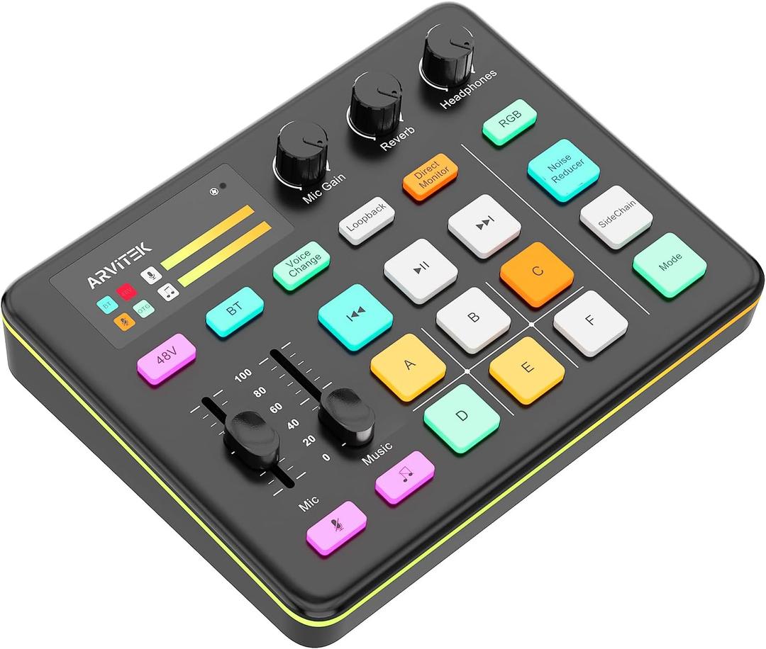 Gaming Audio Mixer for PC, Audio Interface Sound Board w/RGB Effect, Support Bluetooth, XLR/TRS Microphone, 48V Phantom Power, Voice Changer Live Streaming, Podcasting, Content Create(Not for USB Mic)