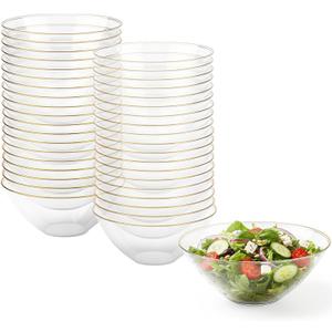 4 x Blue Sky Organic Clear Gold-Rim Disposable Plastic Salad Bowls 1 Pc. - 58oz Premium Quality, Large and Stylish Party Tableware