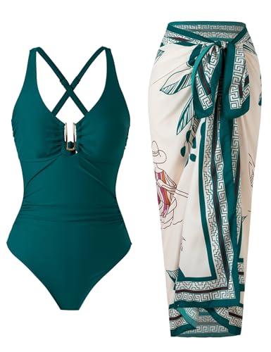 BAWHAHT One Piece Swimsuit Women with Cover Up Set Retro Bathing Suit for Women Tummy Control Beach Wrap Skirt Blue Green XL