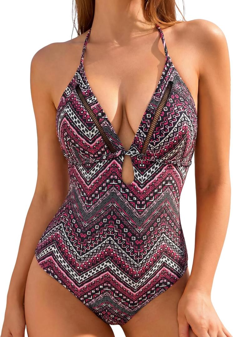 LIZENS Women's Halter Neck Swimsuit One Piece V-Neck Swimwear Ethnic (XS)
