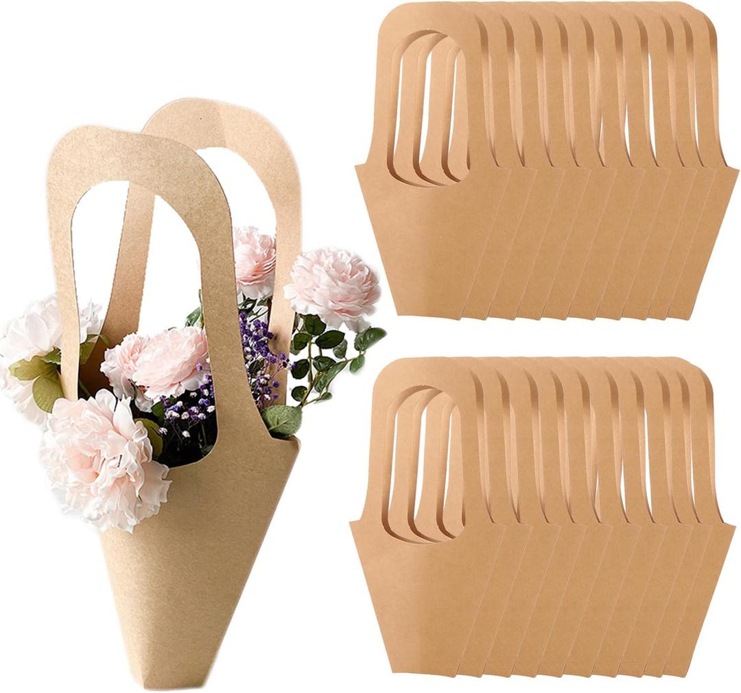 MYGOGOART 20pcs Kraft Paper Flowers Bouquet Wrapping Gift Bags with Handle Paper Flower Holders Brown Paper Cone Shape (Medium) (Medium-16.5x9 inches-20pcs)