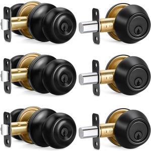3 Sets Entry Door Knob and Single Cylinder Deadbolt Combo Set, Keyed Alike
