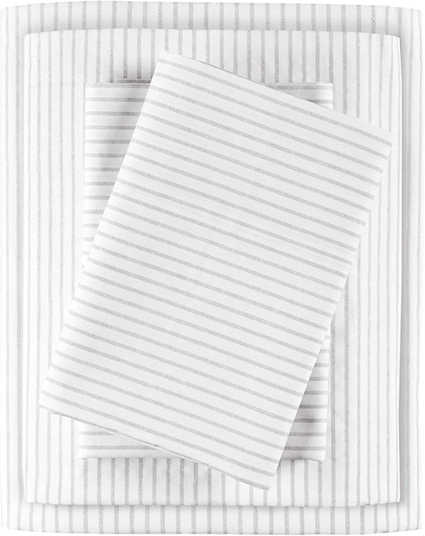 Madison Park 100% Cotton Sheets, Breathable & Soft Cotton Bed Sheets, Printed Design, Elastic Pocket Cotton Sheet Set Fits Up to 14" Mattress, All Season, Full Gray Stripes 4 Piece