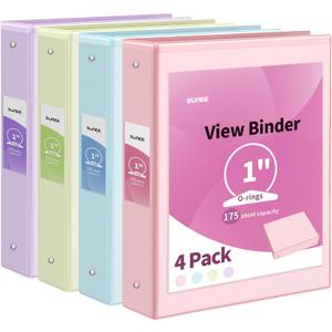 SUNEE 3 Ring Binder 1 Inch 4 Pack, Clear View 1" Binders Three Ring PVC-Free (Fit 8.5x11 Inches) for School or Office Supplies, Assorted Pastel