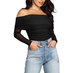 SAUNGKUAI Women's Off The Shoulder Long Sleeve Bodysuit Sexy Slimming Body Suit Tops Sheer Mesh Ruched Fall Outfits 2026 (Black, L)
