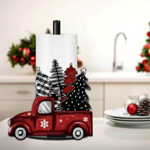 Christmas Paper Towel Holder, Red Truck Christmas Decor, Buffalo Plaid Christmas Tree Towels Paper Holder for Kitchen Countertop Bathroom Home Farmhouse, Winter Holiday Decoration Replaceable 2 Panels
