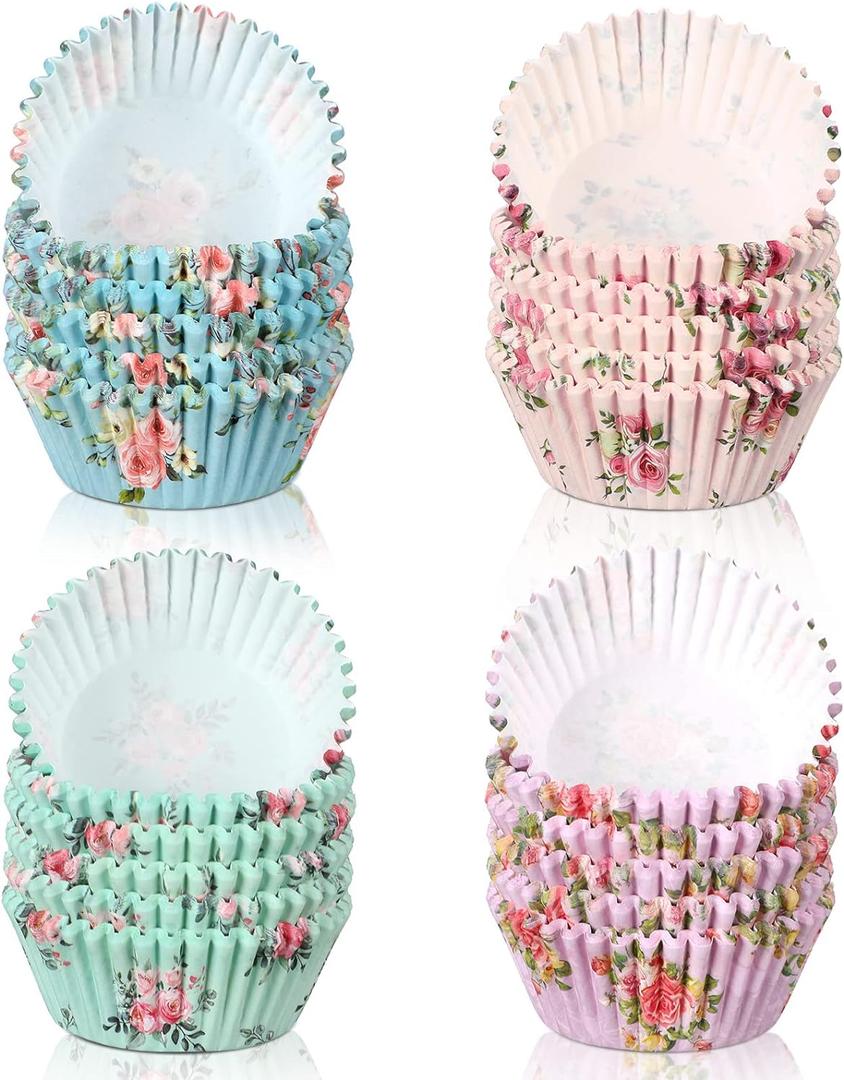 Yaomiao 600 Count Floral Cupcake Liners Tea Party Baking Paper Easter Flower Muffin Cupcake Liners Wrappers for Tea Party Wedding Birthday Baby Shower Decorations, 4 Styles