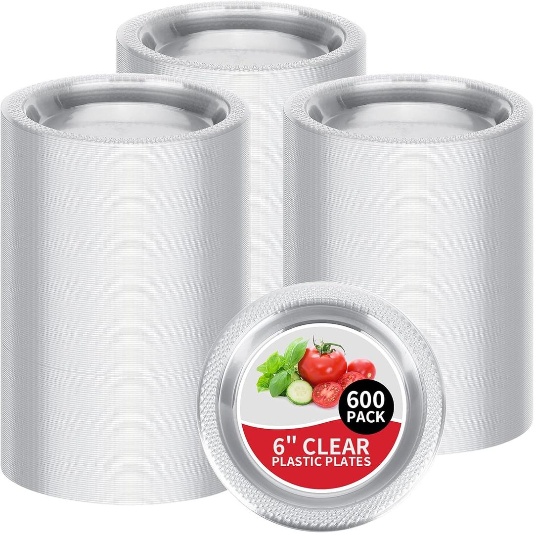 Sabary 600 Count Clear Plastic Plates 6 Inch Plastic Dessert Plates Round Clear Disposable Dinner Dish for Home Wedding Christmas Party Picnic Restaurant Catering