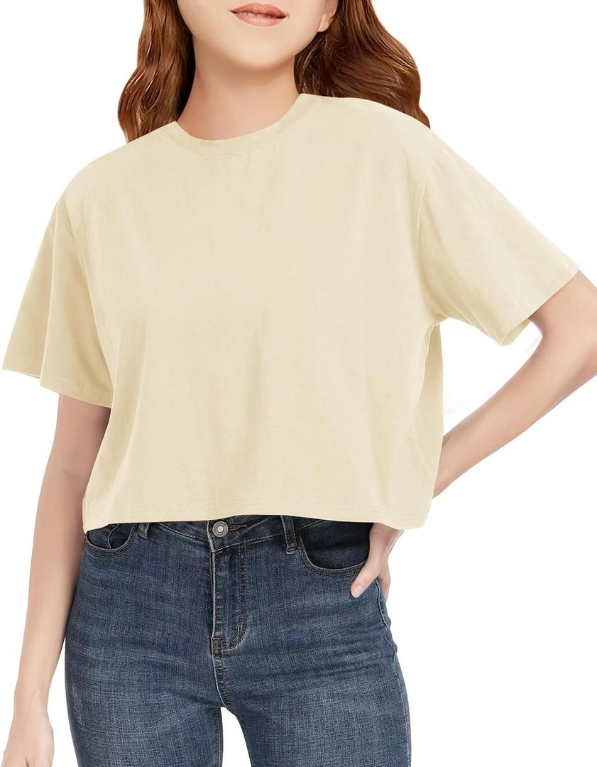 CharmWM Girls Summer Crop Tops Kids Fashion Oversized Crew Neck Cropped Short Sleeve T Shirts Basic Tees Size 11-12 Years (Beige)