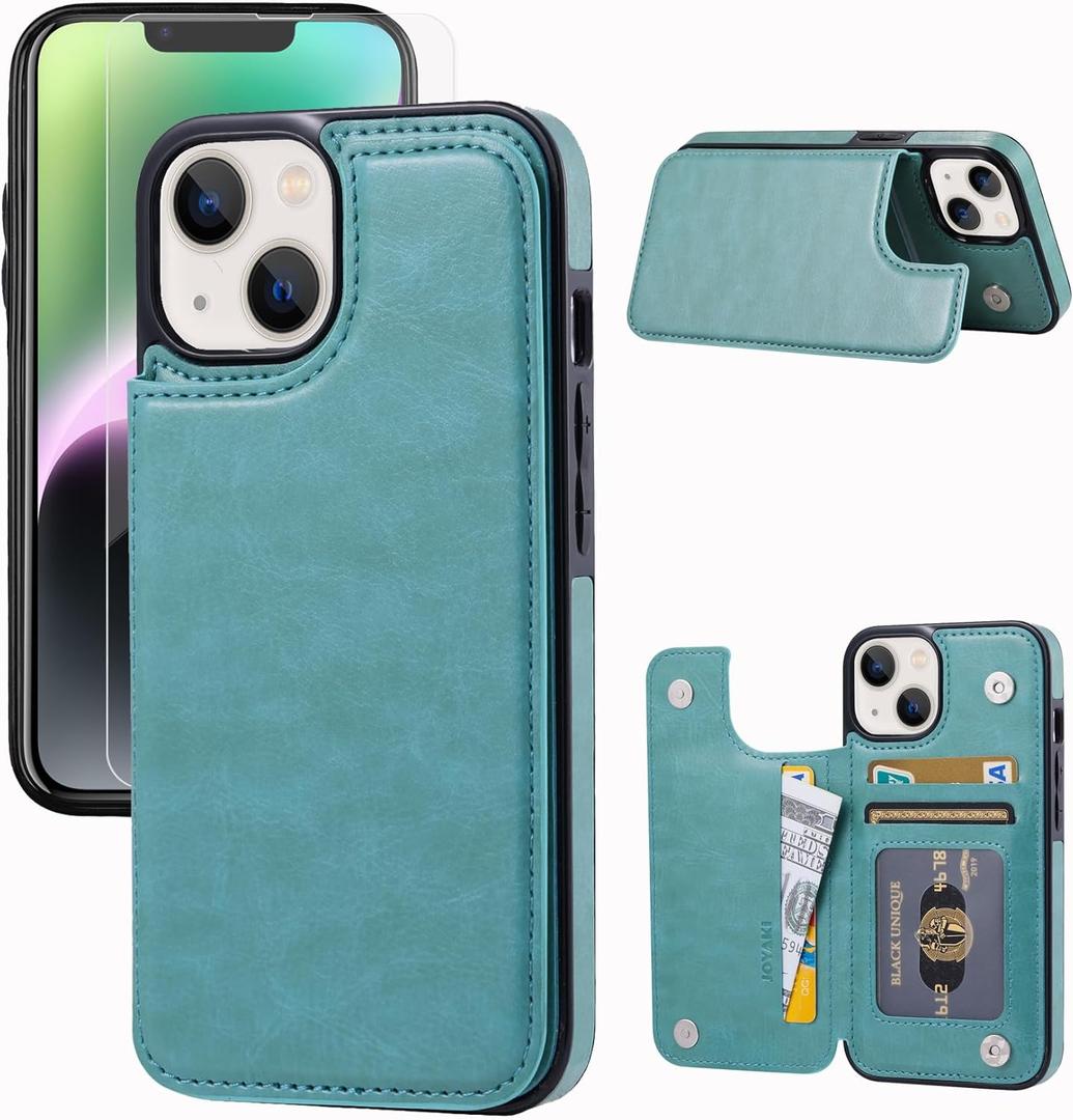 Wallet Case Compatible with iPhone 14, Slim Protective case with Card Holder,Premium PU Leather Kickstand Card Slots Case with a Free Screen Protector for iPhone 14 (6.1")-Turquoise Green