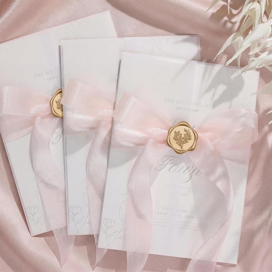 UNIQOOO 50 Sets Wedding Invitation Kit, Vellum Jackets for 5x7 Invitations w/Pink Satin Silk Ribbon& Eucalyptus Wax Seal Stickers, Wedding Invitation Accessories