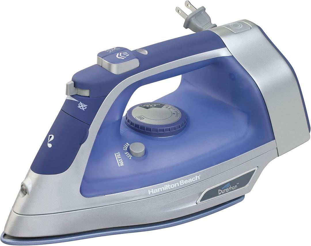 Hamilton Beach Steam Iron & Vertical Steamer for Clothes with ScratchResistant Durathon Soleplate, 8' Retractable Cord, 3Way Auto Shutoff, AntiDrip, 1500 Watts, Blue