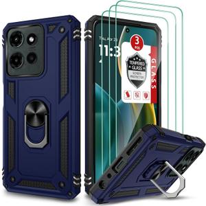 Case for Moto G Play 2025 for Moto G Power 2025, with 3X Tempered Glass Screen Protector, Built-in Ring Kickstand Dual Layer Shockproof Hard PC + Soft TPU Bumper Full Protective Case Cover - Blue