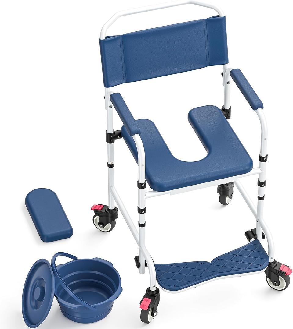 Shower Chair with Wheels, Two Modes Bedside Commode with Wheels, Aluminum Shower Wheelchair with Footrest, Portable Toilet with Bucket for Elderly and Disabled, 300 LBS Weight Capacity