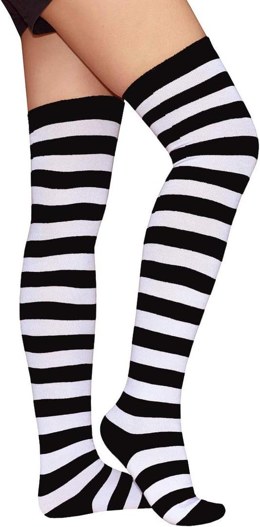 Raylarnia Women's Extra Long Opaque Striped Over Knee High Stockings Socks (Black / White Stripes)