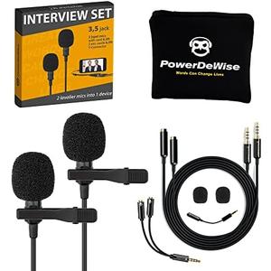 PowerDeWise Professional Grade 2 Lavalier Clip-On Microphones Set for Dual Interview - Double Lav Lapel Microphone - Use for iPhone Phone Camera - Blogging Video Recording Noise Cancelling 3.5mm Mic