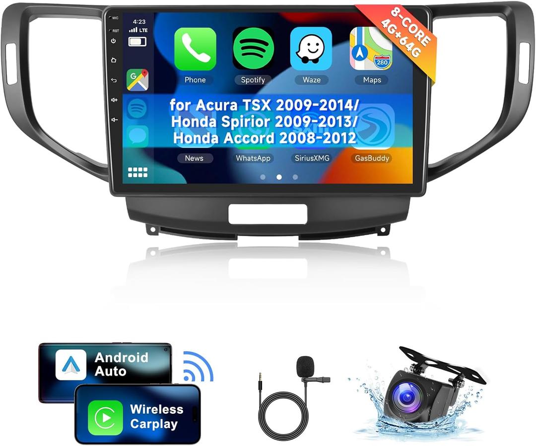[8 CORE 4G+64G] Car Radio for Acura TSX 2009-2014/ Honda Spirior 2009-2013/ Honda Accord 2008-2012 with Wireless Carplay/Android Auto, 9 Inch Touch Screen with GPS, WiFi, SWC, DSP+Backup Camera