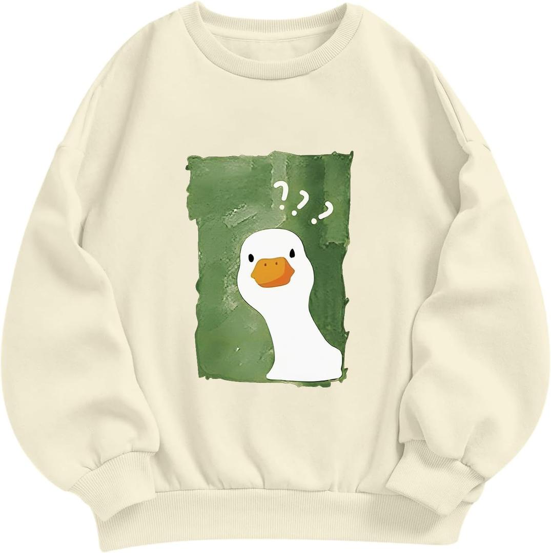 Cute Duck Sweatshirts for Women Silly Goose Graphic Funny Kawaii Sweatshirt Teen Girls Hoodie Pullover Tops (Large, Apricot)