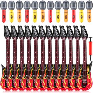 25 Pcs Inflatable Guitar Set 12 Pcs 35 Inch Red Blow Guitars 12 Inflatable Microphone with a Pump for 80s 90s Party Carnival Party Decorations
