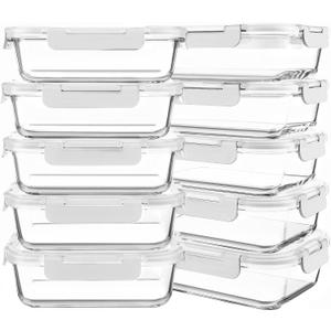 KOMUEE 10 Pack Glass Food Storage Containers, Meal Prep Containers with Lids, Airtight Glass Lunch Boxes, Freezer, Oven, and Microwave Safe, White