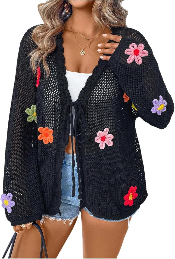 Verdusa Women's Plus Size Floral Crochet Knit Cardigan Bow Tie Front Lightweight Sweaters (3X-Large Plus, Black)