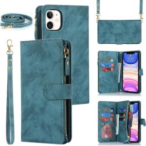 iCoverCase Compatible with iPhone 11 Wallet Case with Card Holder, Crossbody with Wrist Strap, PU Leather Kickstand Zipper Card Slots [Not Detachable] Flip Cover Case 6.1 Inch (Blue)