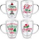 Baderke 4 Pieces Christmas Coffee Mugs 12 oz Double Walled Glass Cups Insulated Cute Espresso Clear Christmas Cup Tea Cup for Family and Friend Xmas Gift Table Centerpieces Decor (Basic)