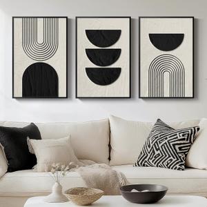 VAN GOGH ART Framed Boho Black & White Abstract Wall Art, 3 Piece Canvas Prints, Geometric Pictures for Bedroom, Living Room, Home Office, Hallway - 16x24 Inch