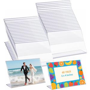 60 Pcs 4x6 Clear Acrylic Picture Frames Bulk Horizontal L-Shaped Plastic Photo Sign Holders, Slanted Back Display Stand for Tabletop, Desktop, Flyer, Office, Home & Store Use