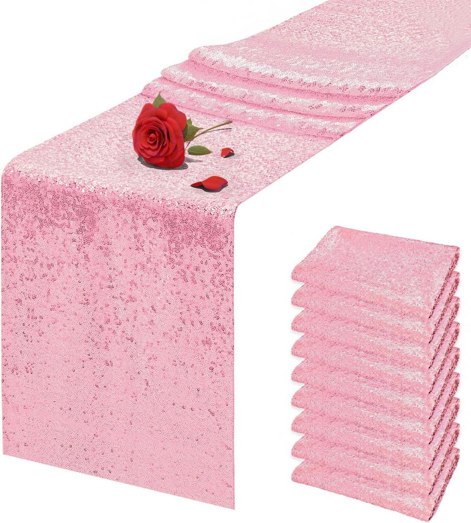 10 Packs 12 x 72 inches Pink Sequin Table Runner, Glitter Runner for Birthday Party Supplies Wedding Holiday Celebration Baby Shower Engagement Anniversary Decor, 12"x72" 10PCS