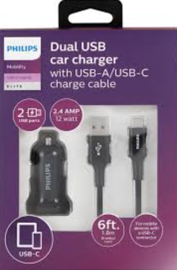 Phillips Dual USB Car Charger With USB A/USB C Charge Cable