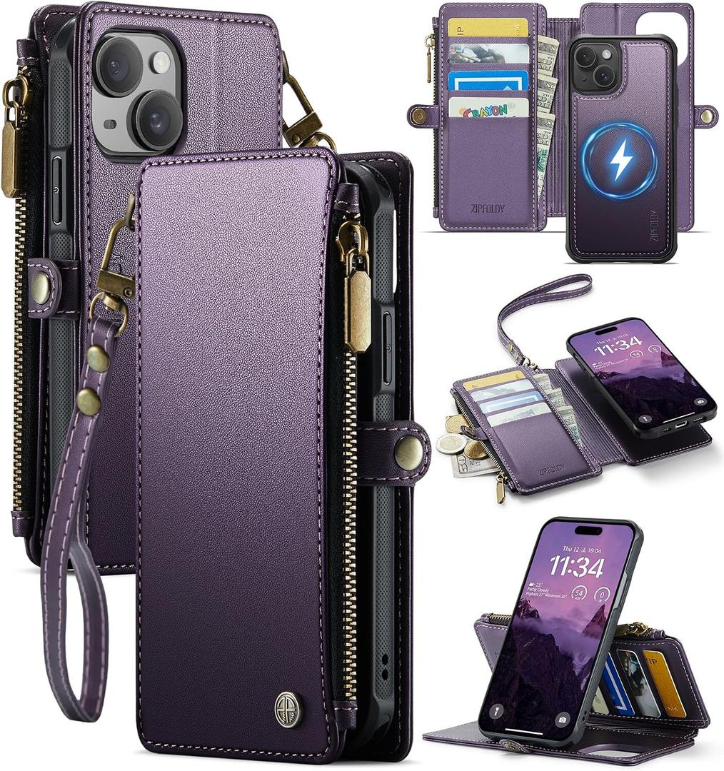 for iPhone 15 - Phone Case Wallet Magnetic Detachable, Purple | Compatible with Magsafe, RFID Blocking Card Holder, Zipper Pocket, Wristlet, Durable PU Leather, Magnet Flip, for Women Men