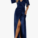 MEROKEETY Women's V Neck Wrap Velvet Maxi Wedding Guest Dress Bell Sleeve Split Bridesmaid Cocktail Party Formal Dresses XL