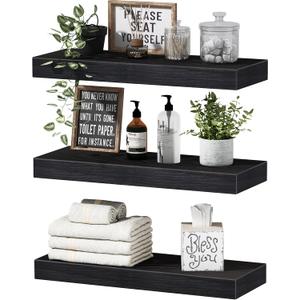 QEEIG Floating Shelves for Wall Bathroom Shelf Bedroom Kitchen Living Room Hanging Book Shelves Small Farmhouse Decor 16 inch Set of 3, Black (015-B3)