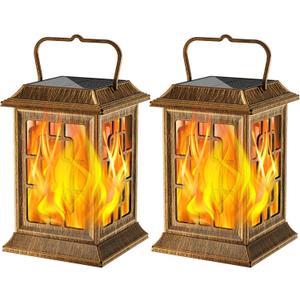 Flickering Solar Lantern Outdoor, Waterproof Hanging Flame Solar Powered Lantern for Pathway, Tabletop, Patio, Garden Decoratives (Bronze)
