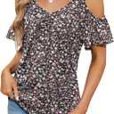 Micoson Cold Shoulder Tops for Women Summer Short Sleeve Shirts Ladies Floral Ruched Blouse Classic Cute V Neck Tunic (Large, 1 - White Floral)