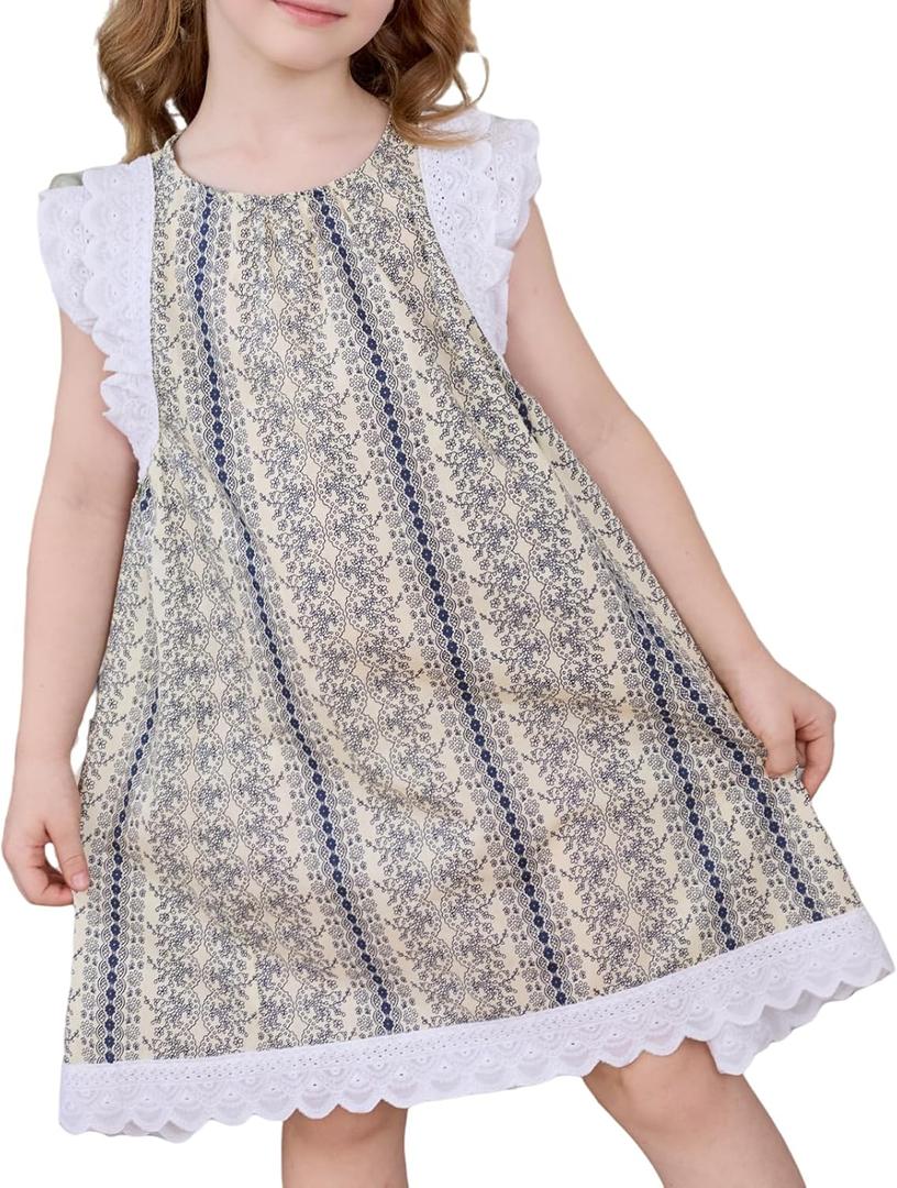 Little Bitty Toddler Girl Dress Cotton Lace Ruffle Sleeve A-line Sleeveless Kids Casual Holiday Party Boho Dresses 3-8 Years (Blue)