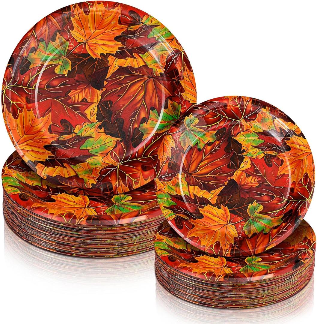 Yungyan 50 Pcs Thanksgiving Paper Plates Disposable Fall Autumn Plates Party Supplies 9 Inch 7 Inch Maple Leaf Dinner Dessert Tableware for Thanksgiving Fall Harvest Party Decorations